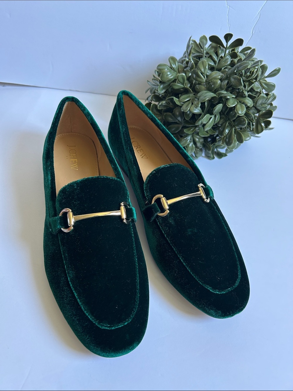 J. Crew Emerald Green Velvet Loafers with Gold Horsebit